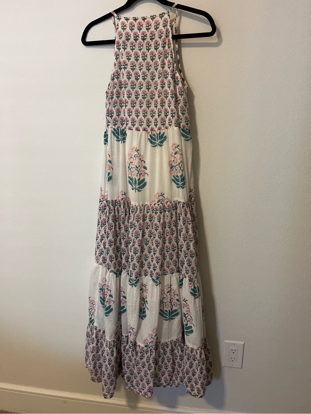 Oliphant XS Floral Block Print Cotton Tiered Maxi Dress Tassel Resort Boho - Picture 3 of 6